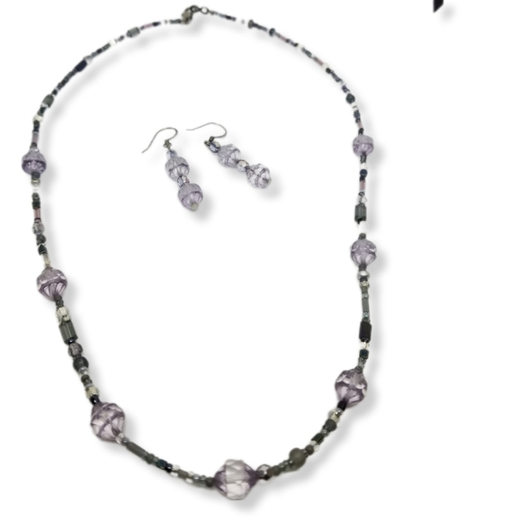 VINTAGE FACETED CRYSTAL GLASS BEAD NECKLACE & MATCHING DROP EARRINGS SET - Picture 1 of 7